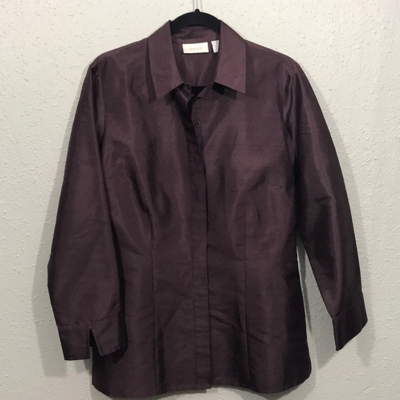 Chico’s Deep Purple 3/4 Sleeve Silk Button Down Tunic size 1 equals M/8 - Picture 1 of 10